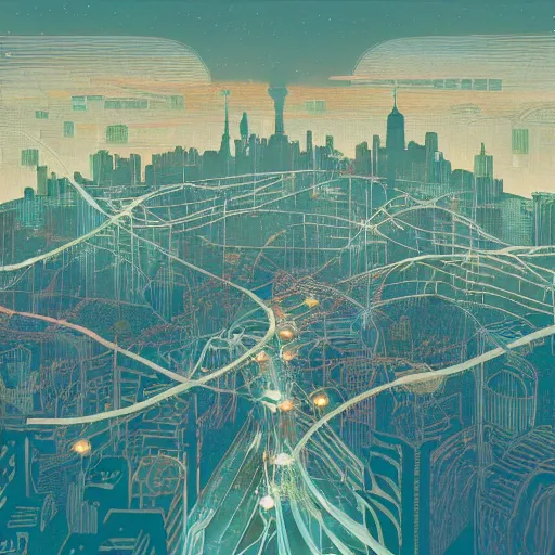 Prompt: city of a thousand bridges, by victo ngai and daniel merriam