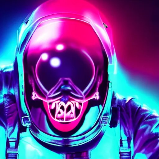 Image similar to synthwave demonic astronaut face with neon horns, detailed face, sharp focus, synthwave art, aesthetic, octane render, raw, cinematic