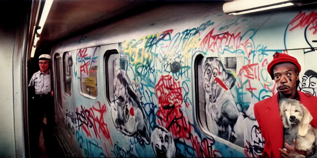 Image similar to new york subway cabin 1 9 8 0 s inside all in graffiti, policeman with the dog closeup, black guy in a red beret, coloured film photography, christopher morris photography, bruce davidson photography