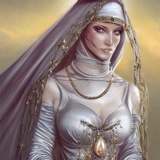 Image similar to a beautiful woman wearing a white niqab made of silk with golden jewelry and diamonds by alex gray and android jones, karol bak, ayami kojima, arabian, concept art, fantasy