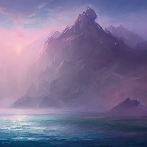 Image similar to Realm between the mountains and the sea, fantasy, digital painting, extra detailed