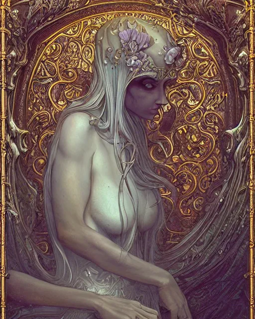 Image similar to a beautiful detailed front view of a dead rotten princess dressed in ornate baroque architecture, ornamentation, elegant, beautifully soft lit, by wayne barlowe, peter mohrbacher, kelly mckernan