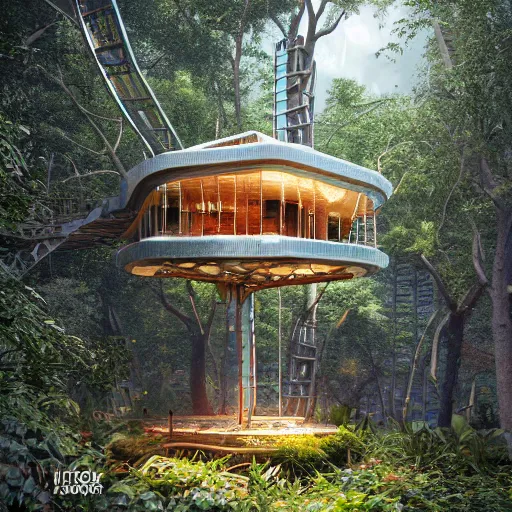 Image similar to ultra realistic and intricate detailed photograph of giant holy tech treehouse, innovation, bright modern style, artstation, unreal render, depth of field, ambient lighting, award winning, stunning