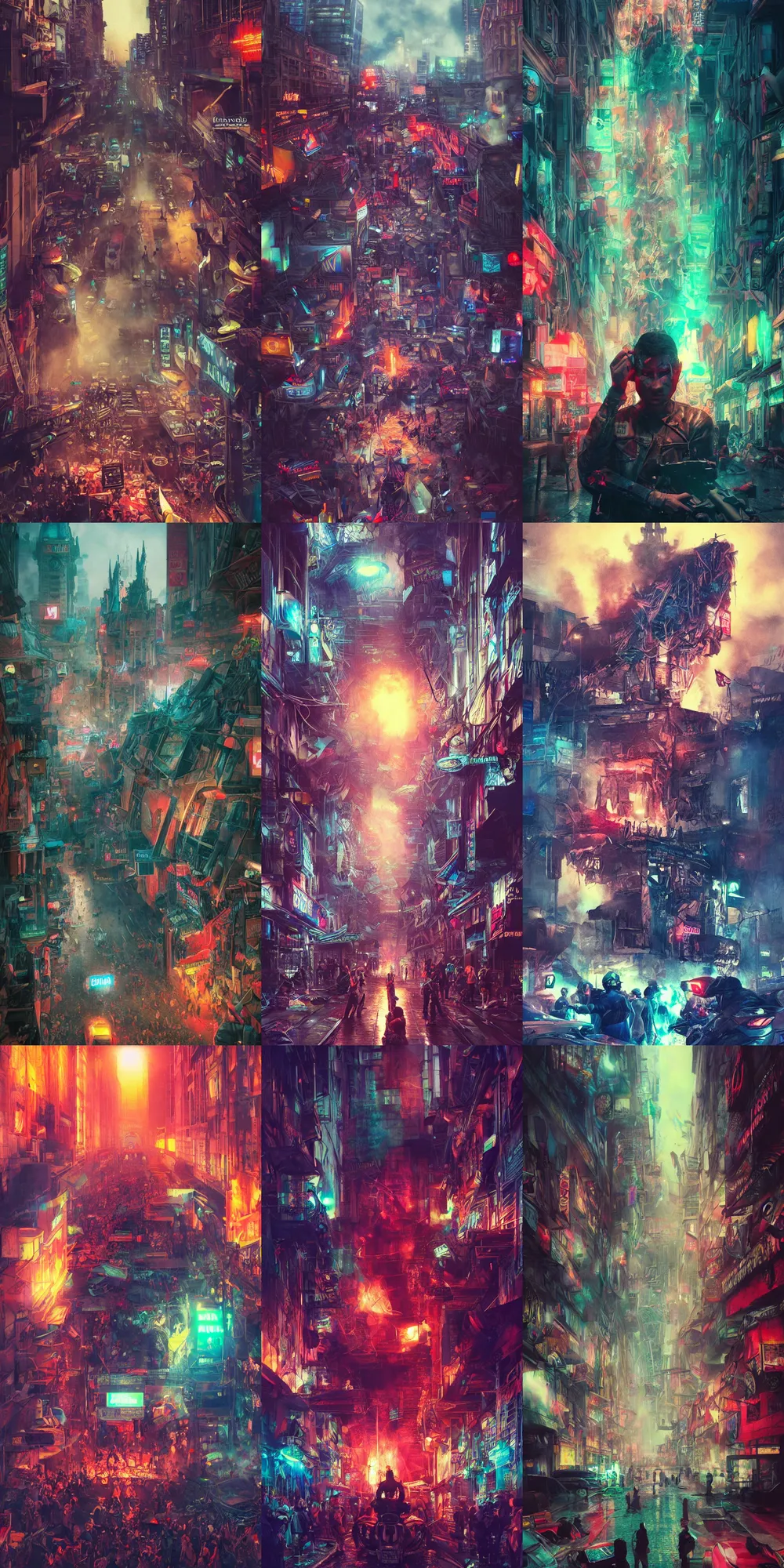 Prompt: Detailed vivid photo of bad evil angry people rioting, dreamy soft neon lights, 3d octane render, film look, realistic, photo, detailed, patriotic, highly detailed, sharp focus, leica, zeiss, kodak film look, digital illustration, digital painting, concept art, hyper detailed, illustration, fantasy, art by artgerm and greg rutkowski and alphonse mucha, dynamic lighting, art by peter mohrbacher on artstation, night mood, Moebius, Greg Rutkowski, Zabrocki, Karlkka, Jayison Devadas, Phuoc Quan, zenith view, cyberpunk pincushion lens effect