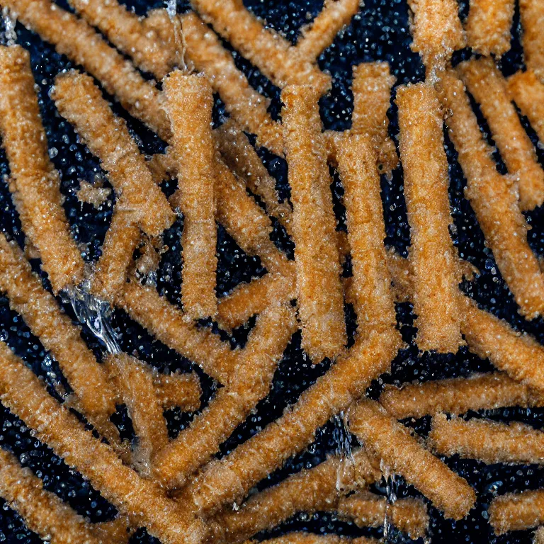 Image similar to Soaking wet soggy fish stick drenched with a stream water from a faucet on a moist wet plate. Very wet delicious fish sticks with specular highlights. Water drips from the wet fish sticks. Macro lens close up shot 8K food commercial shot award winning