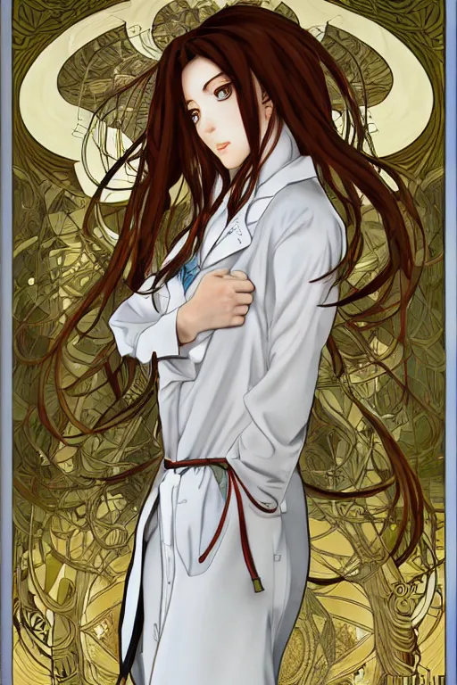 Image similar to Kurisu Makise in long lab coat tonemapped in the style of Ayami Kojima and Alphonse Mucha