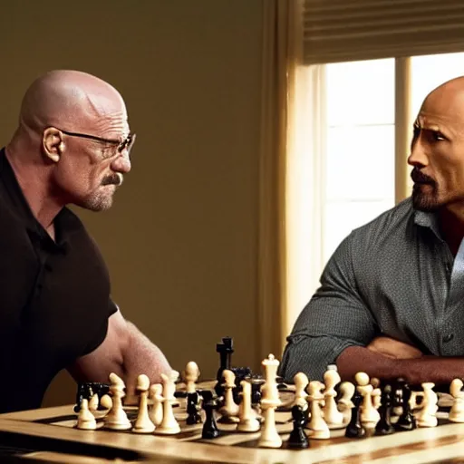 Image similar to photo of walter white and dwayne johnson playng chess, detailed 4 k