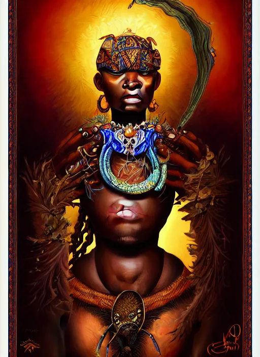 Image similar to : african shamen fantasy, fantasy magic, , intricate, sharp focus, illustration, highly detailed, digital painting, concept art, matte, jahbu art and Paul lewin and kehinde wiley, masterpiece