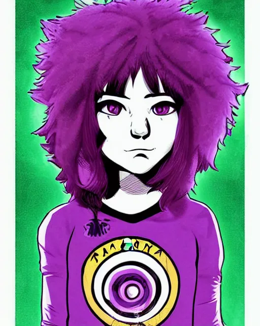 Image similar to a portrait of Ramona Flower!!!, Scott Pilgrim!, Purple hair!, art by Bryan Lee O'Malley!!!, symmetrical eyes!, digital art, highly detailed, intricate, sharp focus!!