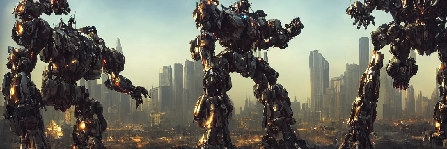 Image similar to a beautiful hyperrealistic ultradetailed 3D render of a gigantic mecha standing behinder the city, by brian sum and stephen martiniere and Antonio Manzanedo. mech, dragon, unreal engine, octane render, PBR, 3D, brilliantly colored, intricate, wide angle, volumetric lighting, polished, path tracing