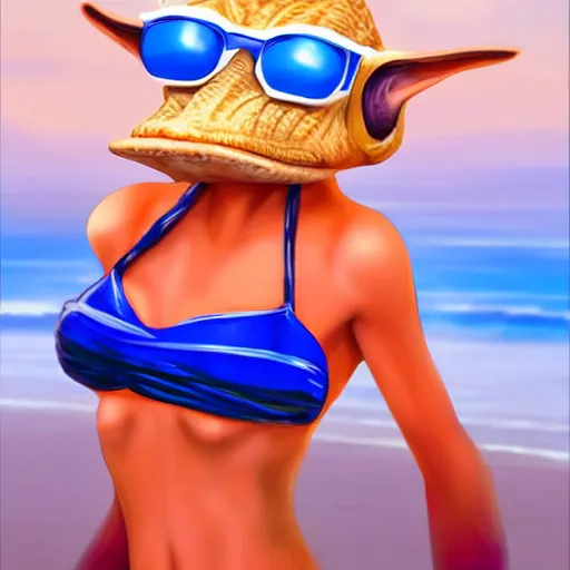 Prompt: Cute feminine JarJar Binks wearing a bikini and drinking pepsi, hyperrealistic, photorealistic, concept art, 4k, ultra hd, deviantart, satanic, pagan, beautiful. in the style of Caspar David Friedreich