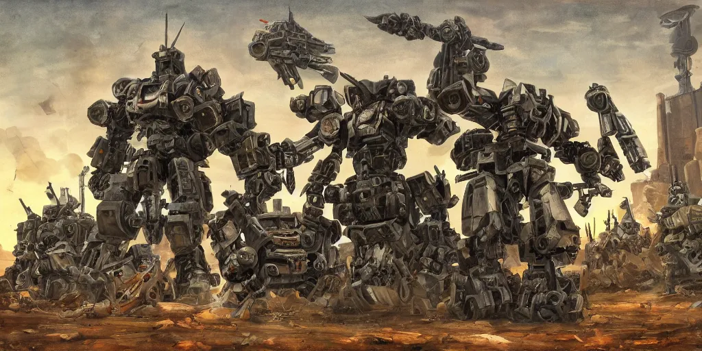 Image similar to Still life of a combat mech surrounded by its weapons, inspired by Carvaggio