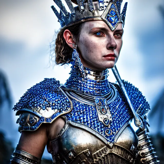 Image similar to full length photo of a beautiful warrior queen wearing sapphire encrusted armour, highly detailed, 8 k, hdr, smooth, sharp focus, high resolution, award - winning photo