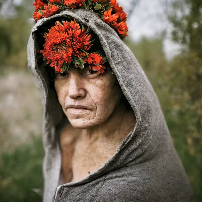 Prompt: a closeup portrait of a woman wearing a hooded cloak made of zinnias and barbed wire, in a derelict house, by Michela Riva, natural light, detailed face, CANON Eos C300, ƒ1.8, 35mm, 8K, medium-format print