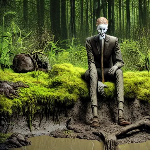 Image similar to Enigmatic Slender Man with Mud and Moss over his skin and plants growing on him is kneeling in a dirty pond, Photorealistic, Sunlight, Creepy, Nature, Hyperrealism, Hyperdetailed