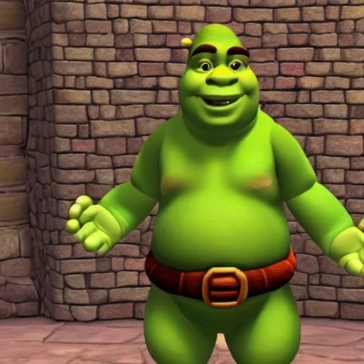 Image similar to shrek wearing clothes as a character in super mario 6 4