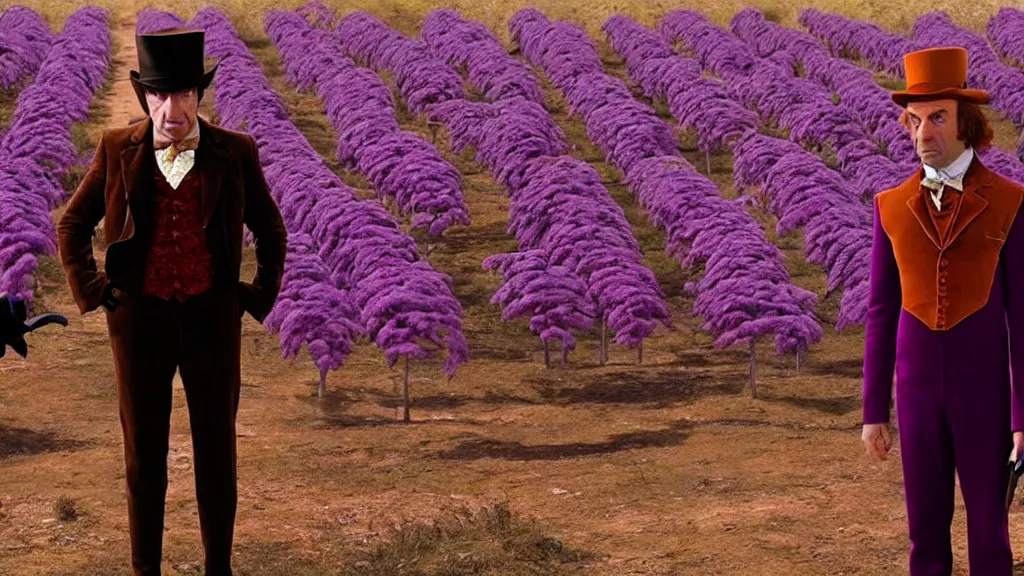 Image similar to saul goodman as Willy Wonka, film still from the movie directed by Denis Villeneuve with art direction by Salvador Dalí, wide lens