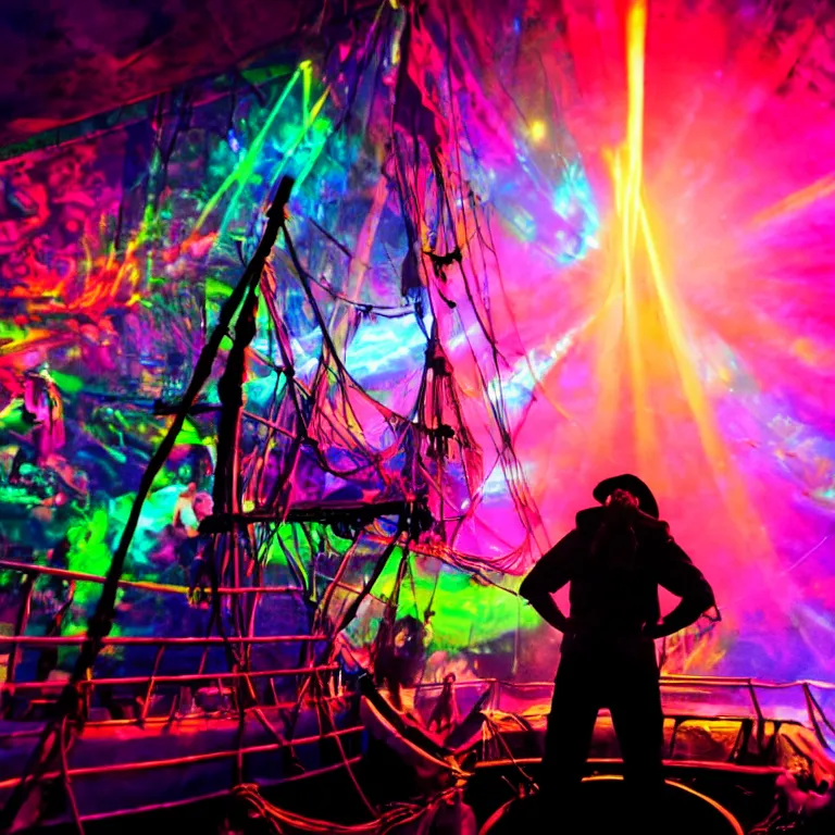 Prompt: rapping on a pirate ship, holding microphone, epic angle, profile view, silhouetted, distinct, psychedelic hip-hop, laser light show, beams of light