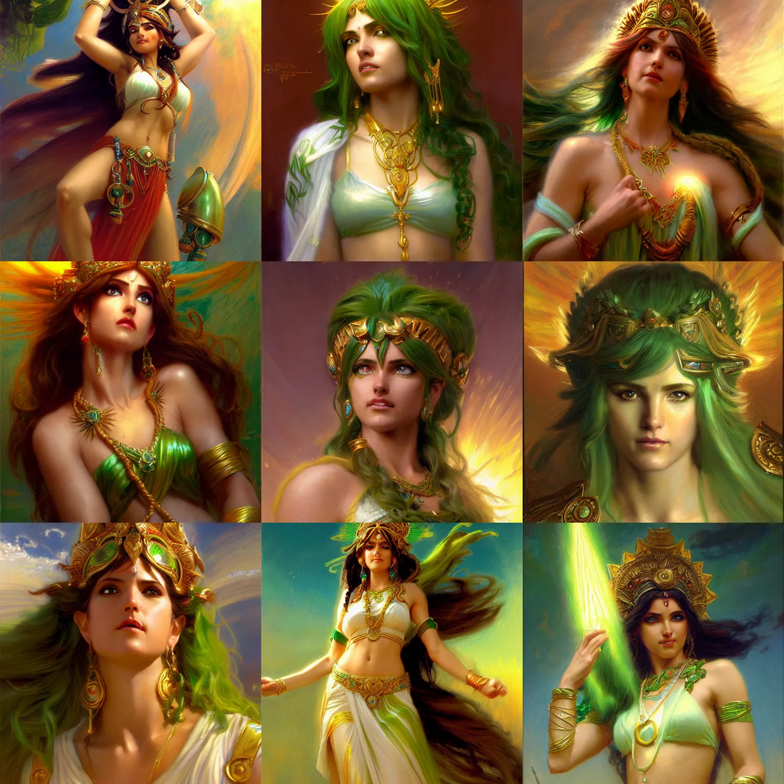 Prompt: lady palutena, goddess of light, green flowing hair, smug expression, highly detailed painting by gaston bussiere, craig mullins, j. c. leyendecker 8 k