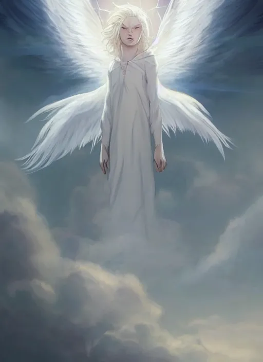Prompt: religious portrait artwork of an albino male furry anthro lion with giant feathery glowing angel wings flying in the heavenly cloudy sky wearing a silky white cloak blowing in the wind, hazy and Atmospheric . Character design by charlie bowater, ross tran, artgerm, and makoto shinkai, detailed, inked, western comic book art, 2021 award winning film poster painting