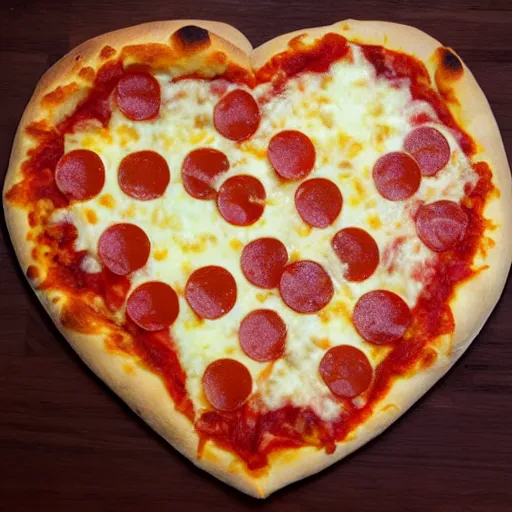 Image similar to heart shaped magerhita pizza with alot of cheese, 4 - 5 cherry tomata served on a wooden plate, ( ( ( no pepperoni ) ) )