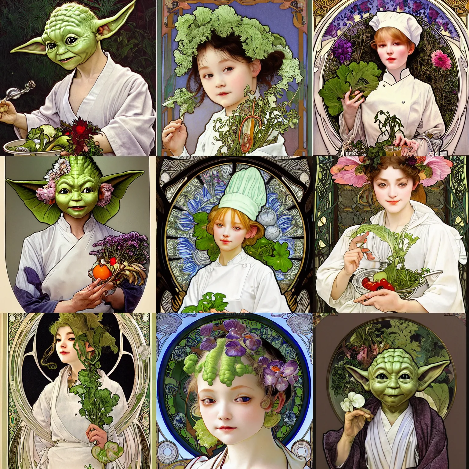 Prompt: realistic detailed face portrait of elegant young baby yoda wearing a white chef hat and wearing a white apron with beautiful luscious vegetables and intricate flowers by alphonse mucha, ayami kojima, amano, greg hildebrandt, and mark brooks, art nouveau, neo - gothic, gothic