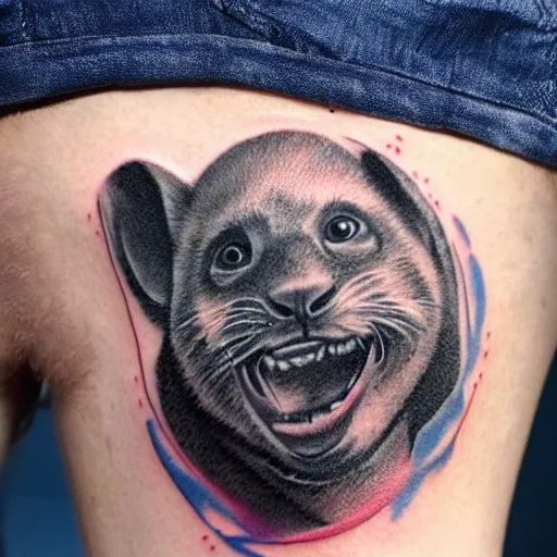 Prompt: tattoo of george bush with a massive cute rat, black, blue gray, pink and white ink, detailed, hyperrealistic trending on artstation