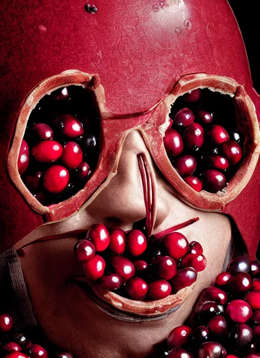 Image similar to cranberries fused with bryan cranston, red berry skin, cranberry helmet, studio light, bloom, detailed face, magazine, press, photo, steve mccurry, david lazar, canon, nikon, focus