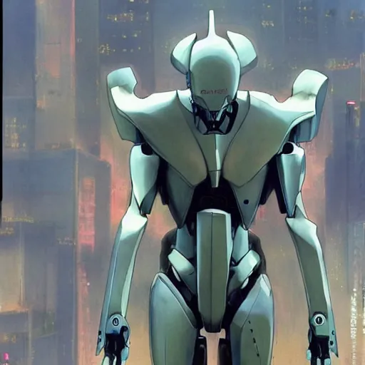Prompt: cgi anime screenshot of a sleek, slender, human - scale mecha suit defending the city streets, designed by hideaki anno, drawn by tsutomu nihei, and painted by zdzislaw beksinski