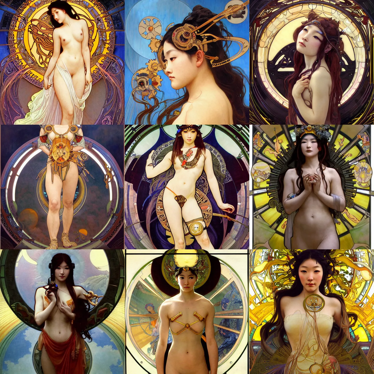 Prompt: stunning, breathtaking, awe-inspiring award-winning concept art nouveau painting of attractive cyborg Ashley Liao as the goddess of the sun, with anxious, piercing eyes, by Alphonse Mucha, Michael Whelan, William Adolphe Bouguereau, John Williams Waterhouse, and Donato Giancola, cyberpunk, extremely moody lighting, glowing light and shadow, atmospheric, cinematic, 8K