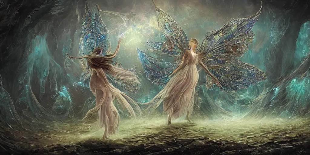 Image similar to concept art of translucent glowing fairies dancing, lovecraftian, renaissance, melting, round moon, rich clouds, fighting the horrors of the unknown, very detailed, volumetric light, mist, fine art, decaying, textured oil over canvas, epic fantasy art, very colorful, ornate intricate scales