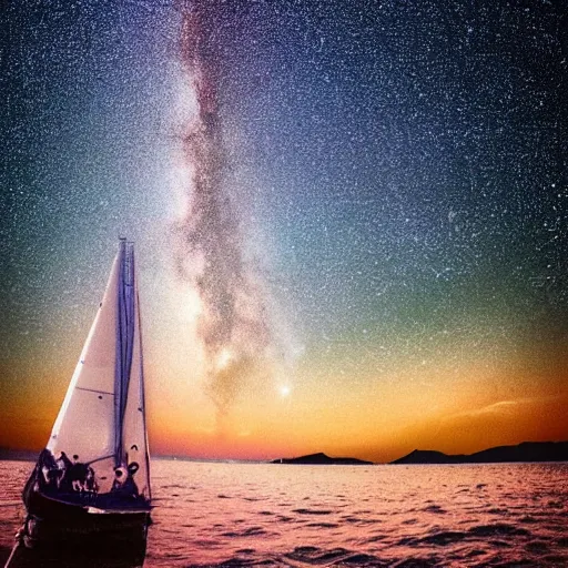 Prompt: sailing into the past, the milky way bright in the sky, regrets deep on the face, gray and blue tones, wide angle, high depth