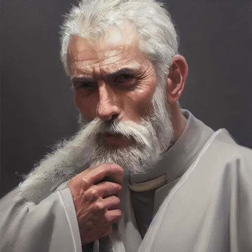 Image similar to An oil painting of a man dressed in priest robes, 50 years old, chad jaw line, short grey hair, trimmed beard, sharp facial features, beautiful, highly detailed, by Cédric Peyravernay, trending on artstation