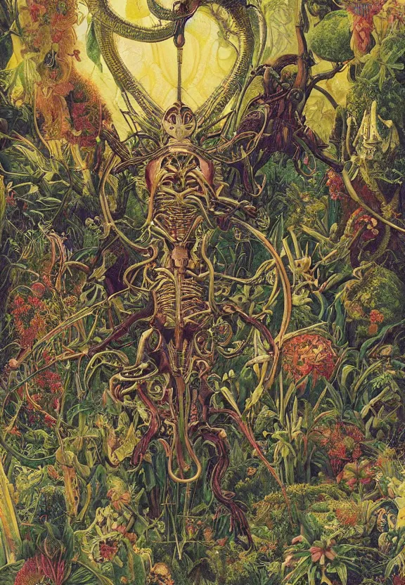 Image similar to simplicity, simple, elegant, colorful muscular robot, botany, orchids, radiating, mandala, psychedelic, garden environment, dappled sun, wolf skulls, by h. r. giger and esao andrews and maria sibylla merian eugene delacroix, gustave dore, thomas moran, pop art, biomechanical xenomorph, art nouveau, whimsical