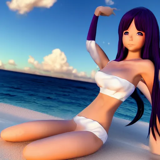 Image similar to Render of a very beautiful 3d anime girl, long pirple hair, hazel eyes, cute freckles, full round face, short smile, white bikini, golden hour, serene beach setting, medium shot, mid-shot, highly detailed, trending on Artstation, Unreal Engine 4k