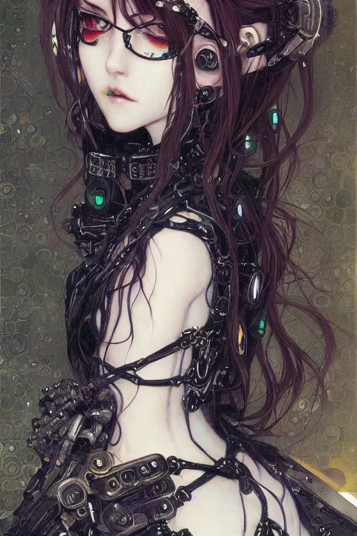 Prompt: portrait of beautiful young gothic maiden, cyberpunk, Warhammer, highly detailed, artstation, illustration, art by Gustav Klimt and Range Murata, cute anime face