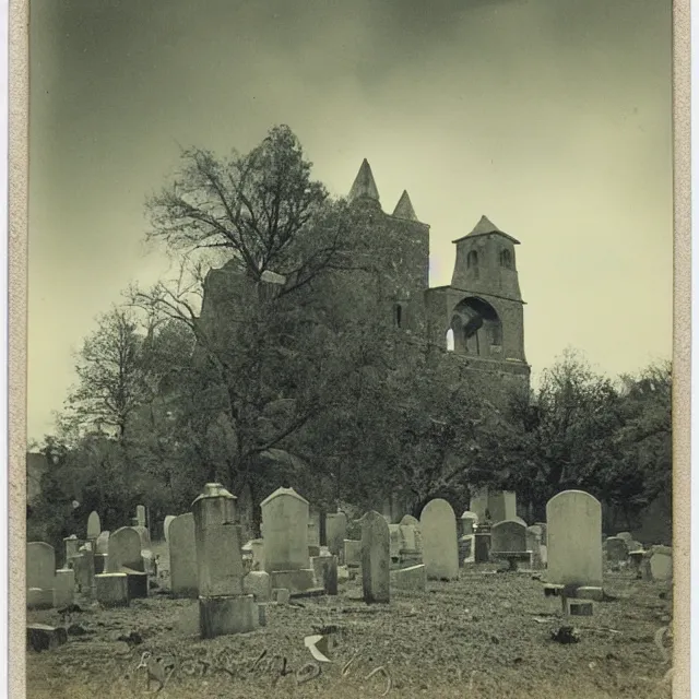 Prompt: graveyard with a monastery, polaroid