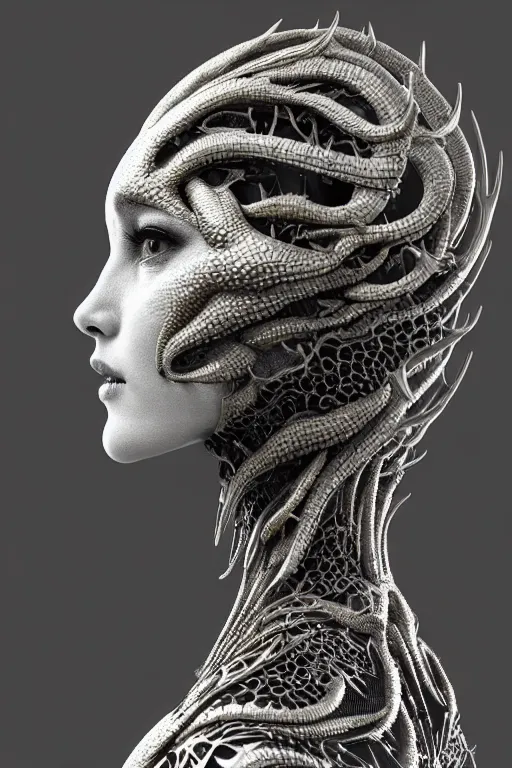 Image similar to bw close - up profile face, black background, beautiful young porcelain vegetal - dragon - cyborg - female, 1 5 0 mm, beautiful natural soft rim light, silver gold details, magnolia leaves and stems, roots, mandelbot fractal, elegant, ultra detailed, white metallic armour, octane render, h. r. giger style