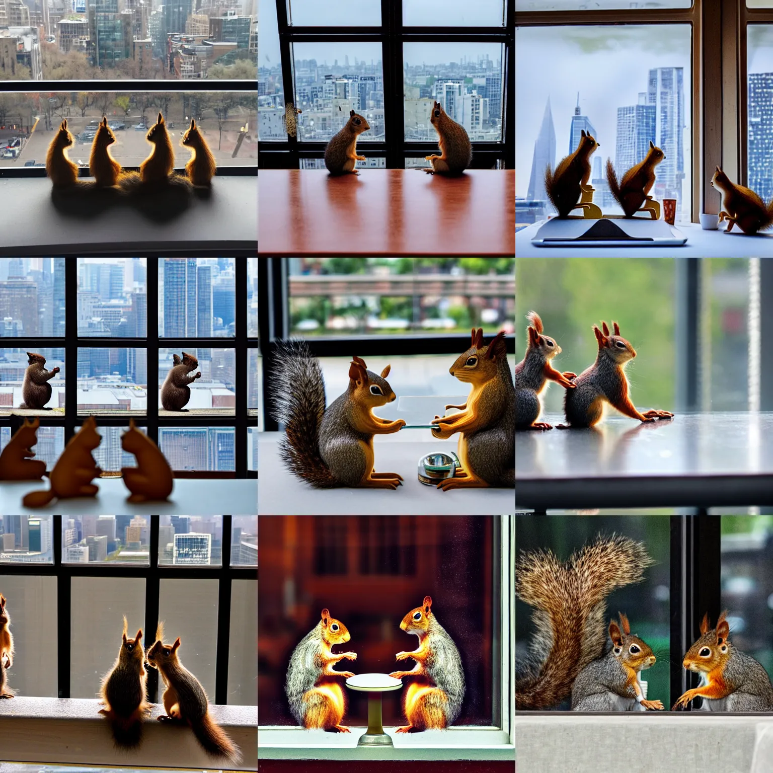 Prompt: squirrels sitting at a business table, city view through the window in the background