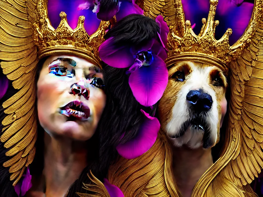 Prompt: beautiful bernedoodle with a gold crown by alex grey + orchids dripping black iridescent liquid, winged victory, moody, dramatic, introspective, marble columns in background, transcendent, vibrant color, ornamented, clean linework, finely detailed, 4 k, trending on artstation, photorealistic, volumetric lighting, octane render