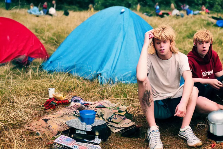 Image similar to candid photo of 3 teenagers camping at Glastonbury, UK, Kodak Portra 200,8K,highly detailed: beautiful perspective closeup environmental portrait photo in style of 2000s retrofuturism, cinema lighting , by beksinski, photography fashion edition, tilt shift, highly detailed, focus on man ;blonde hair;blue eyes, clear eyes, soft lighting