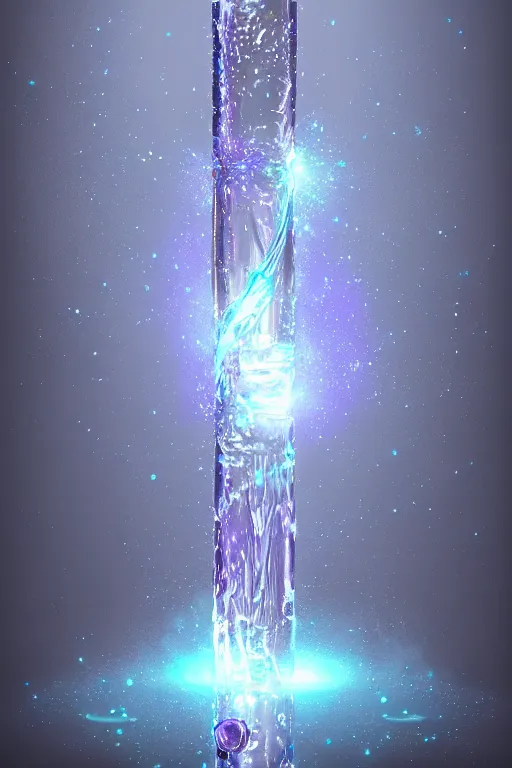 Image similar to a water magical staff, sparkling aura, bokeh, ultrafine detail, concept art, dnd, digital art, artstation