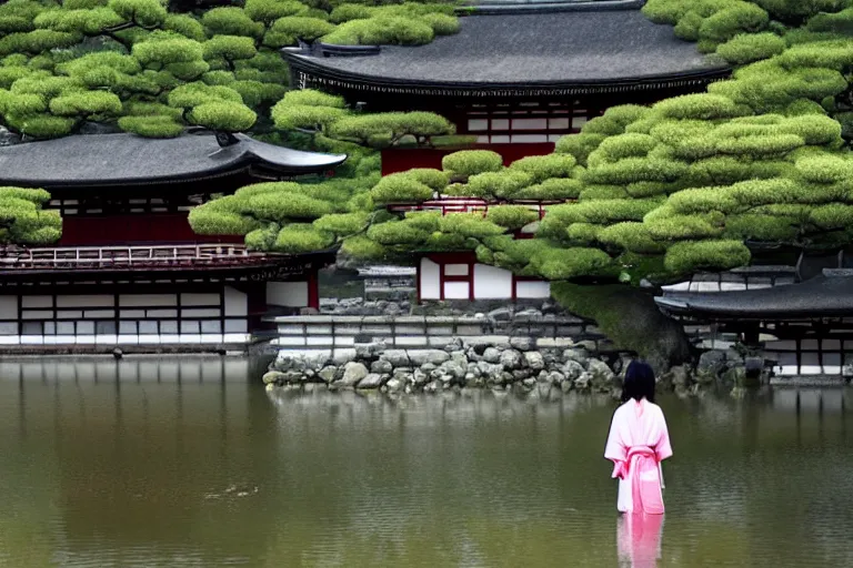 Prompt: cinematography women in kimonos in Kyoto watching joy in a temple pond by Emmanuel Lubezki