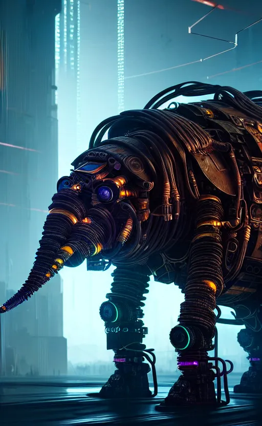 Image similar to hyper realistic and higly detailed photo of a cyberpunk mech elephant. intricate, wiring, electronic components, color diodes. volumetric light. professional digital art, lotr style, extremly detailed, trending on artstation, stuning, octane render, unreal engine 5, 8 k rendering.