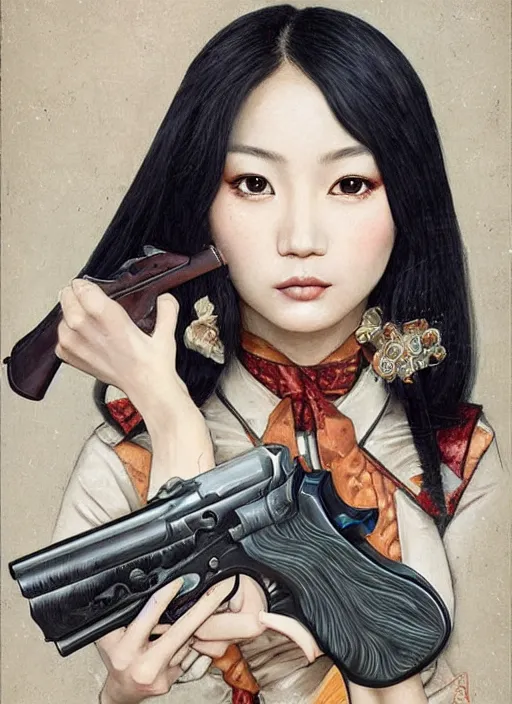 Prompt: beautiful asian girl with a revolver looking into the camera, 2d concept illustration, detailed, intricate, by Tran Nguyen