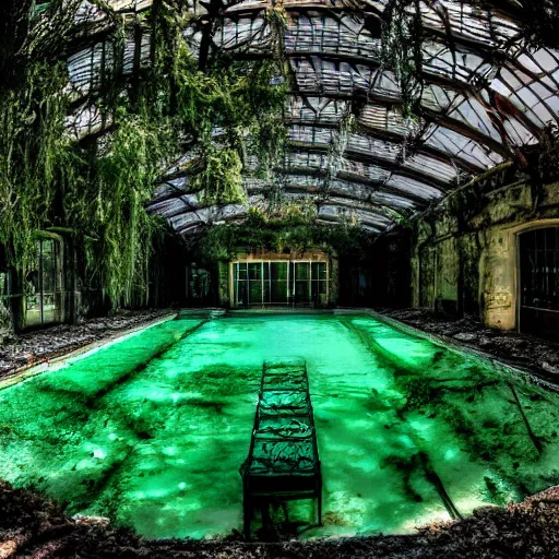 Prompt: the Playboy mansion's grotto abandoned, the pool is drained and covered with algae and weeds growing through cracks, the heat is oppressive. Lomo style.