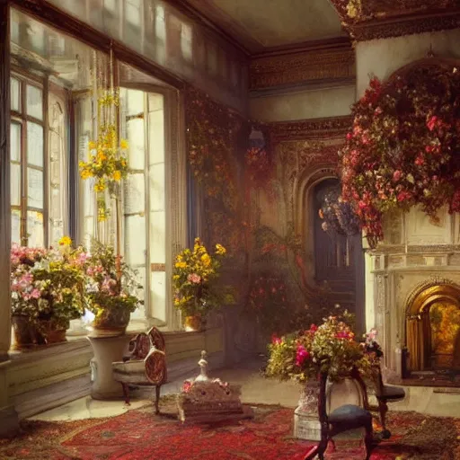 Image similar to a beautifull intricate oil painting of a victorian room with flowers, reflexions, verry high details by william turner art, greg rutkowski and alphonse mucha, trending on artstation, very very detailed, masterpiece, intense colours, wide lens,