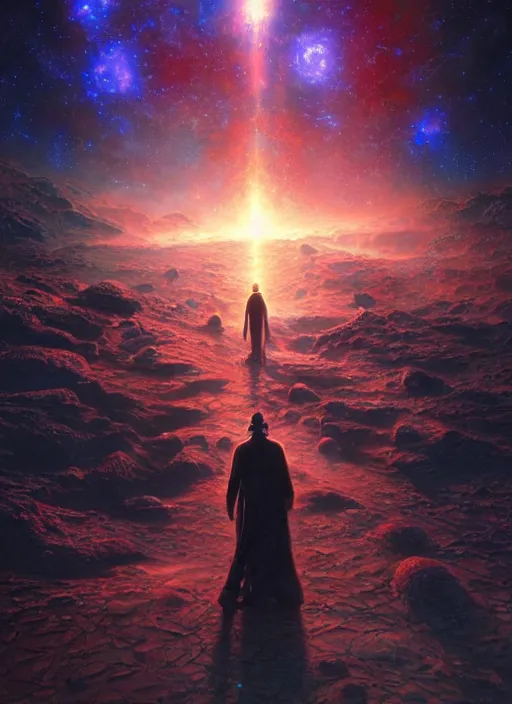 Image similar to out in the dark, among the stars, the god is dead by barclay shaw, andreas rochas, james jean, craig mullins and joe jusko, 8 k, intricate details, illustration, dynamic lighting, unreal engine, featured on artstation, soft glow.