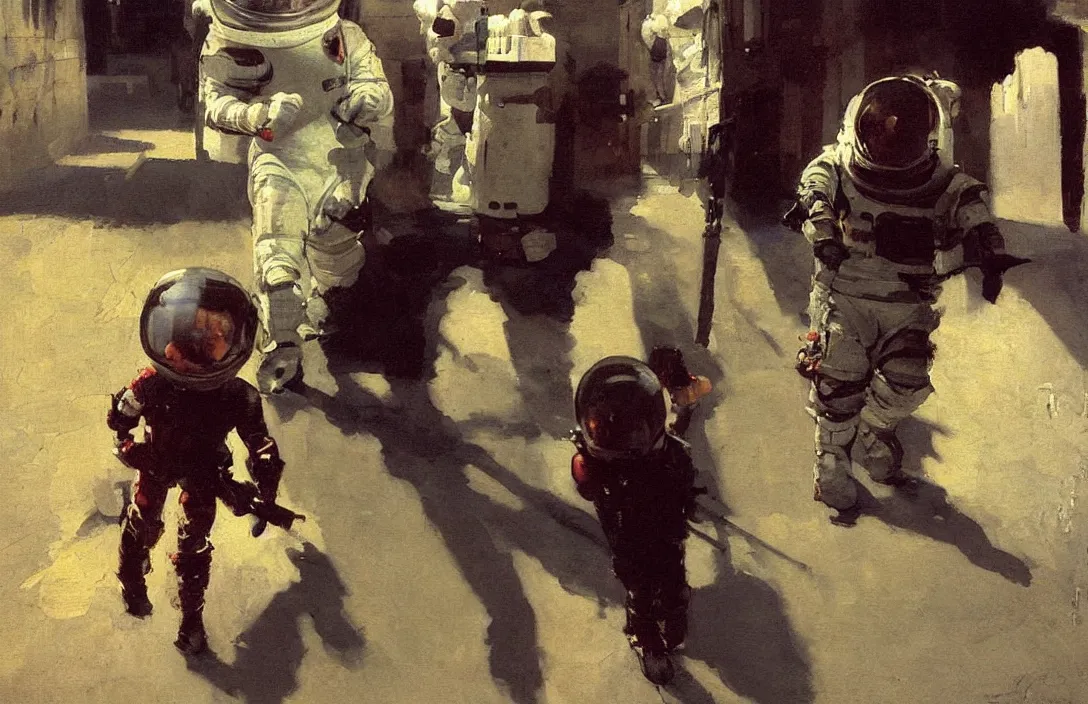 Image similar to 1 child dressed as spacemen, in an alleyway detailed painting, epic lighting, by ilya repin, phil hale and kent williams