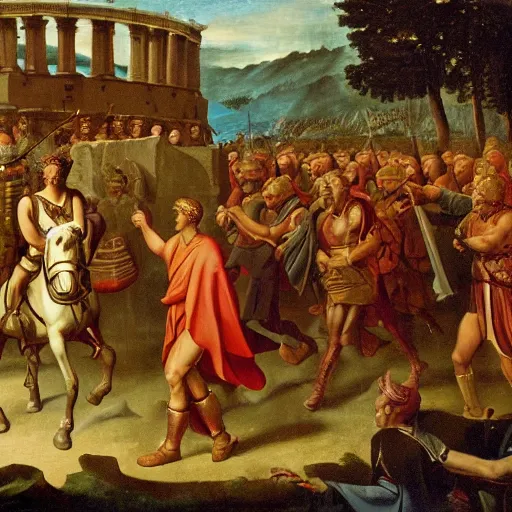 Image similar to a kodachrome photograph of julius caesar and his army crossing the rubicon